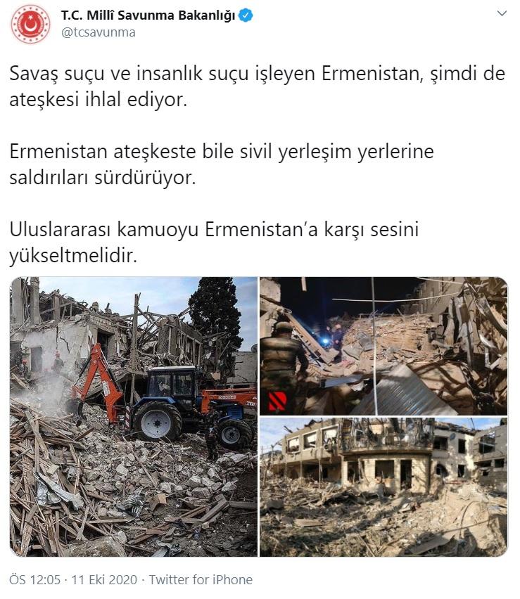 Türkiyə Müdafiə Nazirliyi: "Beynəlxalq ictimaiyyət Ermənistana qarşı səsini yüksəltməlidir"